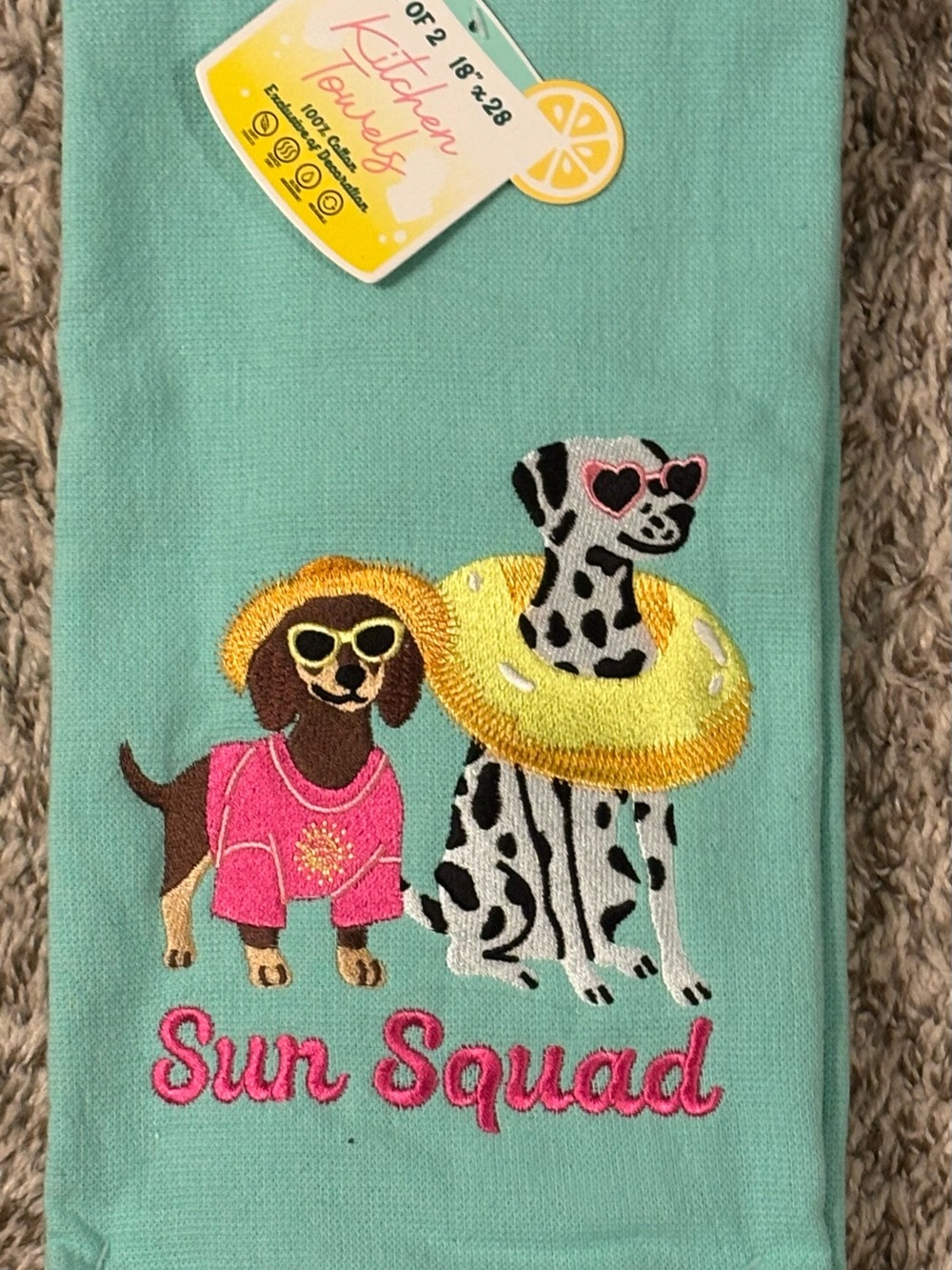 Set of 2 Embroidered Kitchen towels with 'Sun Squad' Aqua Dog